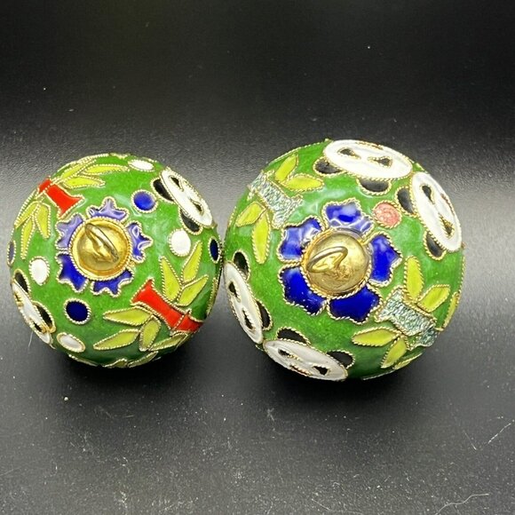 Cloisonne Panda Bamboo Round Ornaments 2” Raise Metal Enamel Green Set of 2 - Picture 4 of 8